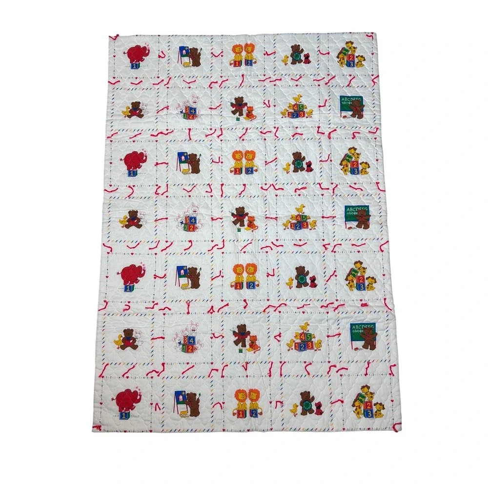 Vintage Quilted‎ Baby Blanket ABCs Animals Bears Ducks Lions Elephants 42x 59